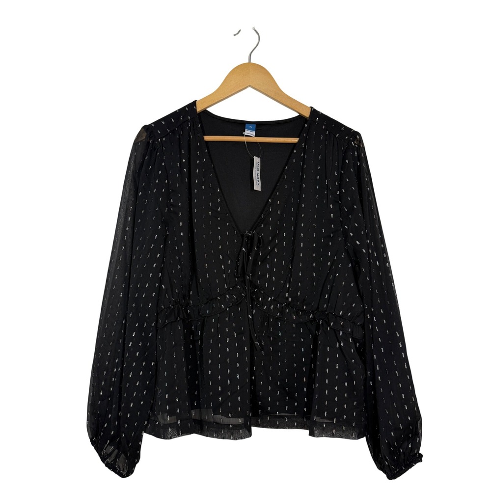 NWT Old Navy Black and Gold Metallic Peplum Blouse Size XL Baby Doll V Neck